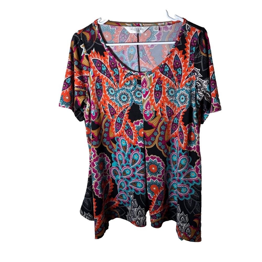 Allison Taylor Blouse Women's Medium Round Neck Short Sleeve Colorful Top
